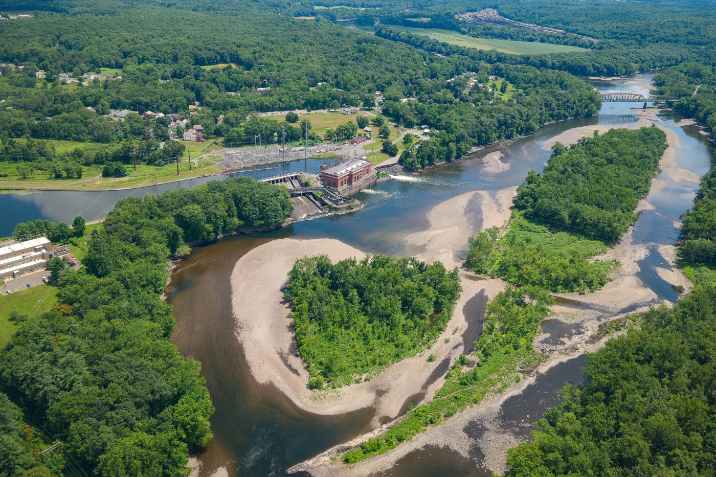 River and dam seen from the air