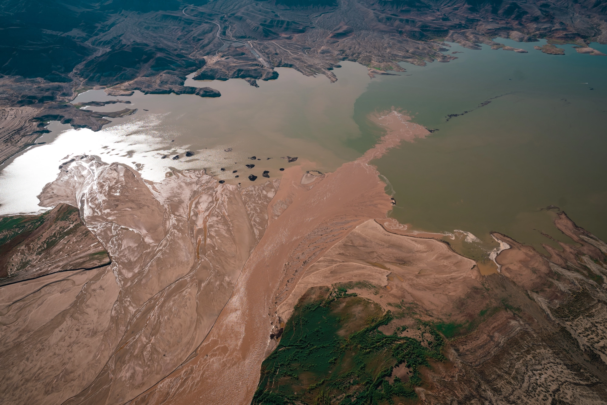 A sediment plume enters Lake Powell at a river confluence.
