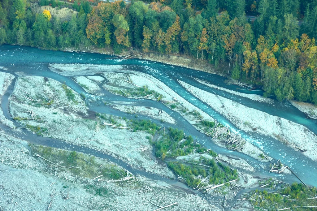 The Nooksack River winds its way through the Pacific Northwest landscape.